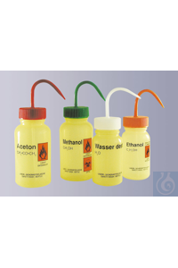 Pissette, col large, PE-LD, jaune, volume 500 ml, Acétone, rouge Pissette, col large, PE-LD,...